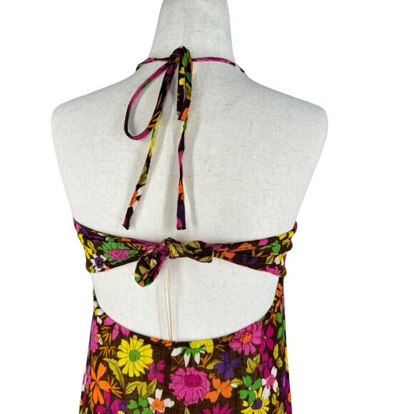90s Free People Dress 2 Floral Halter Maxi Linen Cotton Festival Boho Summer - Picture 7 of 13